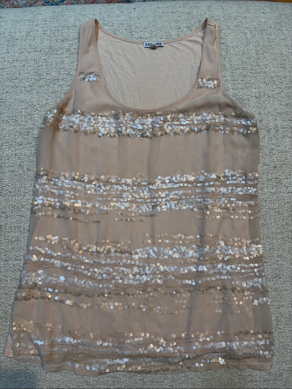 Express Beige Sequin Scoop Neck Tank Top